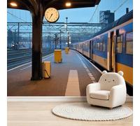 Modern Industrial Non-Woven Wall Mural for Bedroom Bedside and Hallway Accent Wall, Unpasted 3D Effect Large Photo Wallpaper Poster, Train Platform Clock