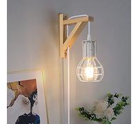 Modern Industrial Plug in Cord Cage Wall Lamp Lift Pipe - White Wood Retro Rustic Pendant Lamp Adjustable Hanging Wall Mount Light Fixture - Indoor Wall Sconces Decoration for Living Room Kid Bedroom