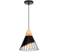 Modern Industrial Wooden Suspension Light Fixture Vintage Metal Cage Pendant Lamp Ø25cm E27 Design for Kitchen Bedroom Living Room (Black)