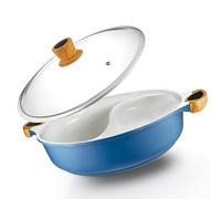 Modern Innovations Nonstick Blue Shabu Shabu Pot with Divider, 5 Quart, Aluminium, Non-Stick Finish, Includes Glass Lid and Two Silicone Spoons