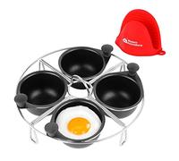 Modern Innovations Stainless Steel 4-Cup Egg Poacher Tray - Complimentary Silicone Mitt - Egg Poacher Insert for Poaching Eggs & Eggs Benedict - Poached Egg Maker Compatible with Most Pans