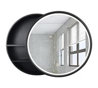 Modern Ivory Wood Bathroom Cabinet with LED Lighted Round Mirror Wall-Mounted Storage Solution Push-Pull Design for Stylish Bathrooms Space-Saving Vanity nizer