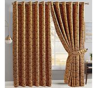 Modern Jacquard Curtain Pair Ring Top Eyelet Fully Lined And Tiebacks Orange W 46 x L 54 inches