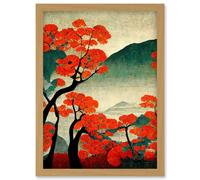 Modern Japan Red Maple Trees On Hillside Artwork Framed Wall Art Print A4 Artery8 Light Oak One Size