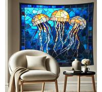 Modern Jellyfish Blue Tapestry, Ocean Themed Wall Hanging for Nautical Decor, Decorative Art for Bedroom, Living Room, Dorm, Underwater Home Decor 60x50 Inch