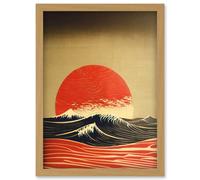 Modern Kanagawa Waves Red Sunset Linocut Artwork Framed Wall Art Print A4 Artery8 Light Oak One Size