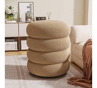 Modern Khaki Ottoman StoolRound Boucle Footrest Soft Compact Upholstered Vanity Stool for Living Room & Bedroom Ideal Padded Foot Stool (35x35x40cm)