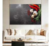 Modern Kitchen Framed Canvas Wall Art 70 x 50 cm, Herbs Garlic Red Chili Peppers Artwork Wall Canvas Pictures Decorations Wall Painting, Art Prints for Bedroom Living Room Dining Room
