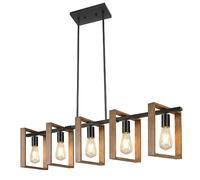 Modern Kitchen Island Lighting,5 Lights 105cm Height Adjustable Dining Room Light Fixtures, Rustic Wood Chandelier For Kitchen, Pool Table Lights,Black Body+Wood Frame, E27（Bulbs Not Included）