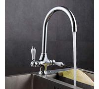 Modern Kitchen Mixer Tap with White Ceramic Dual Lever 360 Degree Monobloc Swivel Spout Brass Body Chrome Finished Kitchen Sink Taps with 2 Hoses and UK Standard Fittings
