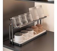 Modern Kitchen Organizer Two Tier Iron Cup Holder with Drain Tray, Slim Reinforced Steel Frame with Hollow Base for Efficient Water Drainage (White)