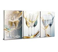 Modern Kitchen Wall Art Wine Glass Pictures Wall Decor Set of 3, Abstract Champagne Paintings Canvas Prints Minimalist Kitchen Posters, Sliver Gold Wall Artwork Home Family Bar Decorations 12x16”