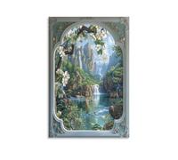 Modern Landscape Canvas Wall Art, Window Flower Mountain Waterfall River Picture Painting on Canvas, Print Poster Decoration Artwork for Home Living Room Bedroom Wall Decor Unframe 20x30inch(50x75cm)