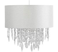 Modern Large 40cm Easy Fit Ceiling Light Shade in White & Silver Fleck Fabric with Acrylic Jewel Droplets Bedroom Lounge Hallway
