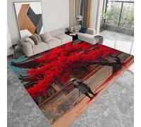Modern Large Machine Washable Rug 120 x 170 cm, Oriental Traditional Short Pile Carpet Non-Slip Rug - Samurai Cherry Blossom Tree Pagoda Durable Carpet for Living Room Bedroom Dining Room Home Office