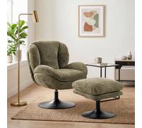 HOMCOM Modern Chenille Lazy Chair with Ottoman, 360° Swivel, Upholstered Reading Seat Set for Living Room, Dark Green