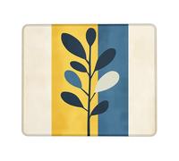 Modern Leaf Design Desk Mouse Pad, Yellow Blue Minimalistic Branch Stitched Edge Mousepad, Rubber Non-Slip Washable Gaming Mouse Pad for Home and Office Computer, Laptop Square 8x10 Inch
