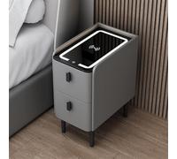 Modern Leather Nightstand with Wireless Charging, Glass Tabletop, and LED Light for Small Spaces