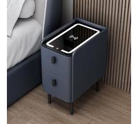 Modern Leather Nightstand with Wireless Charging, Narrow Smart Nightstand, Slim Bedside Table, Skinny End Table for Small Spaces with LED Light and Glass Tabletop