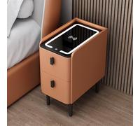 Modern Leather Smart Nightstand with Wireless Charging Station, Narrow Nightstand with Glass Tabletop, Slim Bedside Table, Skinny Stand with LED Light for Small Spaces (Orange 30cm/11.8in)
