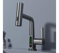 Modern LED Bathroom Faucet with Pull-Out Sprayer, Temperature Display, Liftable Waterfall Mixer, Single Handle Gray Sink Tap for Contemporary Bathrooms