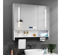 Modern LED Bathroom Medicine Cabinet AntiFog HD Mirror Wall Storage with Time/Temperature Display White 70x13x70cmEssential Organizer for Your Bathroom