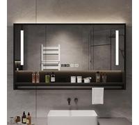 Modern LED Bathroom Mirror Cabinet, 3 Doors, Wall-Mounted, Adjustable Shelves, Touch Sensor, 100 cm, Stylish Black Vanity Storage Solution for Elegant Bathrooms