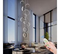 Modern Led Chandelier Lighting,Dimmable with Remote Control 10 Rings Black Pendant Light Adjustable Height Hanging Ceiling Light Fixture,for Staircase Foyer High Ceiling Living Room…