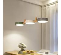 Modern LED Chandelier - Wooden & Metal Pendant Light, Warm White, Rectangular Design, Gray & Green Finish, Perfect for Dining Room, Kitchen Island, Study & Office, 77cm Long