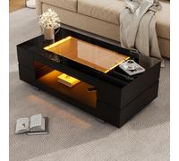 Modern LED Hollow Coffee Table with App-Controlled Light Strip, Desk with High-Gloss Toughened Glass Top, 100L x 50W x 35H cm, Black Aosom UK
