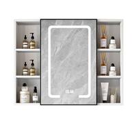 Modern LED Lighted Bathroom Mirror Cabinet with Defogger Function and Open Storage Partitions White 85"