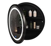 Modern LED Lighted Round Mirror Cabinet - Black Wall-Mounted Bathroom Sto Shelf - 50cm Mirror for Home Decor and Space-Saving Soluts