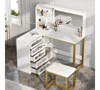 Modern LED Makeup Vanity Set with Corner Dressing Table 2-Tier Design 5 Drawers Adjustable Shelves & Stylish Stool for Bedroom Beauty Station
