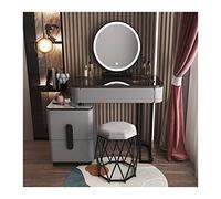Modern LED Makeup Vanity Table, Glass Surface, Simple Wood Design with Smart Stool, Stylish Dressing Table for Bedroom (White, Gray & Black)