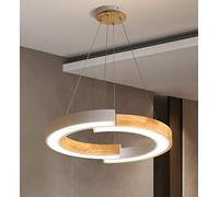 Modern LED Pendant Light - Adjustable Round Wood Chandelier for Dining Room Kitchen and Bar - White Metal & Acrylic Shade Stylish 48cm Ring Decor (3000K)