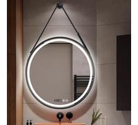 Modern LED Vanity Mirror with Anti-Fog Wall-Mounted 3 Color Lighting Round Design Time & Temperature Display Stylish Bathroom Decor Perfect for Makeup Application.