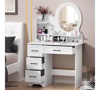 Modern LED Vanity Table with Adjustable Brightness Mirror, Stylish Wooden Makeup Desk with 4 Drawers & Open Shelves, White Dressing Table for Bedroom & Makeup Station