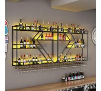 Modern LED Wine Rack - Industrial Wall-Mounted Metal Bottle Holder with Glass Support, 2/3 Tier Shelves for Home, Bar, Kitchen - Black & Blue Light (150x86x20cm)