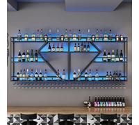 Modern LED Wine Rack Shelves - Industrial Wall-Mounted Metal Wine Storage with Glass Holder, 2/3 Tier Bottle Display for Home Bar, Kitchen, Wine Cellar (Black Blue Light, 150x86x20cm)