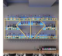 Modern LED Wine Rack - Wall-Mounted Metal Wine Shelf with Glass Holder, Industrial 2/3 Tier Bottle Storage for Home Bar, Kitchen, Wine Cellar (Black Blue Light, 150x86x20cm)
