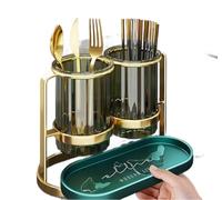 Modern Life Luxury Kitchen Utensil Holder Set, Smoke Glass with Gold Metal Stand, Double Cylinder Design with Drainage Tray, Elegant Storage Organizer for Cutlery