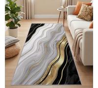 Modern Light Luxury Runner Rugs for Hallway Non Slip 80 x 150 cm, Ultra Thin Anti-Slip Gold Foil Wave Stripe Marble Washable Area Rug for Entryway Bedroom Living Room, Black Grey Low Pile Carpet