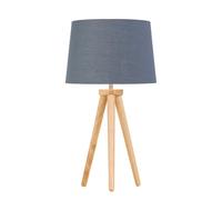Modern Light Oak Table Lamp or Bedside Light, Wood Tripod Design, Grey and Gold Inner Shade