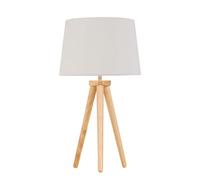 Modern Light Oak Table Lamp or Bedside Light, Wood Tripod Design, Natural Linen Shade