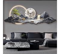 modern light up 3D large wall art decor Clock with LED,Illuminated Mountain Landscape ative,Fake Tree Moon,Acrylic Crystal Porcelain Craft for Living Room(C,35 * 100CM/13.8 39.7IN)