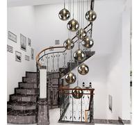 Modern Long Chandeliers for High Ceilings & Spiral Stairs 10Light Glass Ball Pendant Light Flush Mount Lighting Foyer Entryway Living Room (Grey)