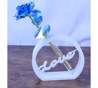 Modern Love Sign Bud Vase with Artificial Galaxy Rose, White Circular Stand, Decorative Display Piece Valentines day Mothers Day (Blue/Gold)