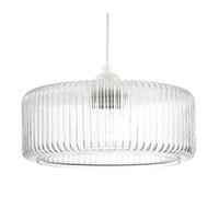 Modern Low Profile Drum Shaped Pendant Lighting Shade with Vertical Ribbing | Clear Glass Understated Art Deco Style | 30cm x 12cm by Happy Homewares