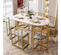 Modern Luxury 6-Chair Dining Set Oval White MDF Table with Gray Velvet Chairs Space-Saving Design Gold Sprayed Iron Frame Ideal for Dining Room & Restaurant