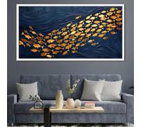 Modern Luxury Art Posters Prints Navy Blue Ocean Gold School Of Fish Canvas Painting Modern Beach House Room Home Decor 80x160cm Frameless